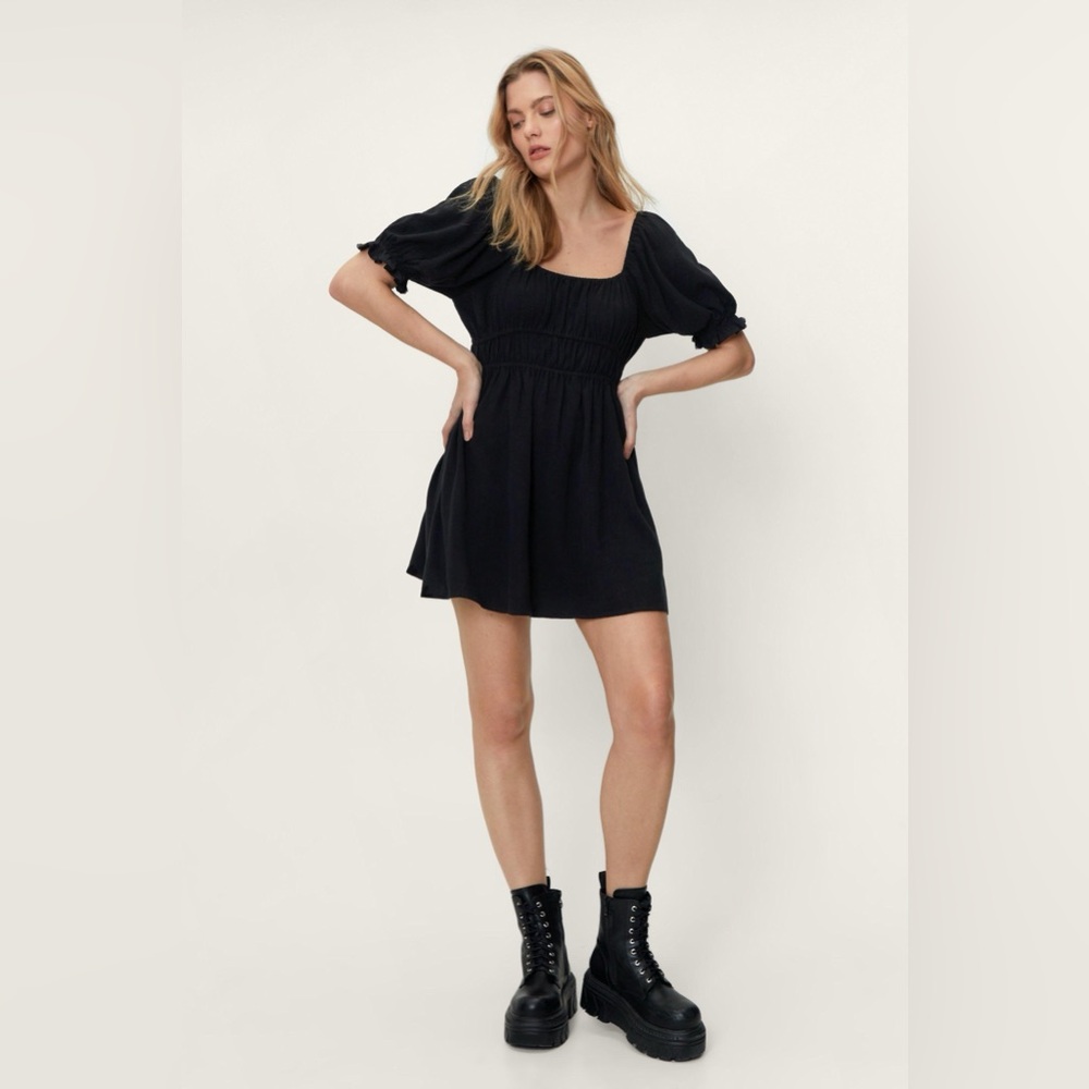Black Nasty Gal Linen Smocked Detail Puff Sleeve Mini Dress